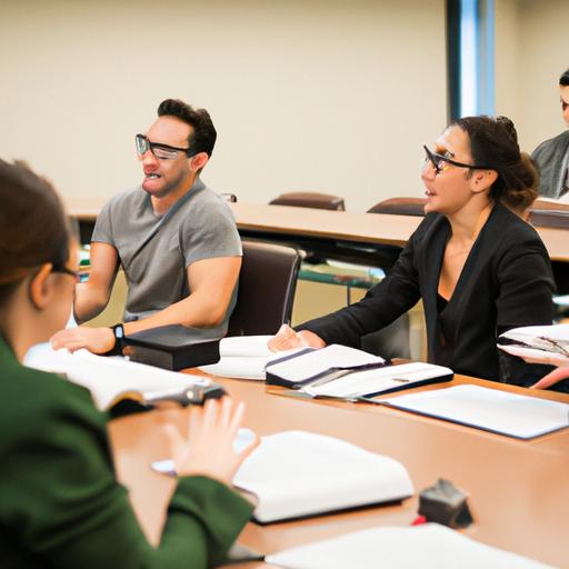 Law students collaborating and exchanging ideas during a class in Dallas, Texas.